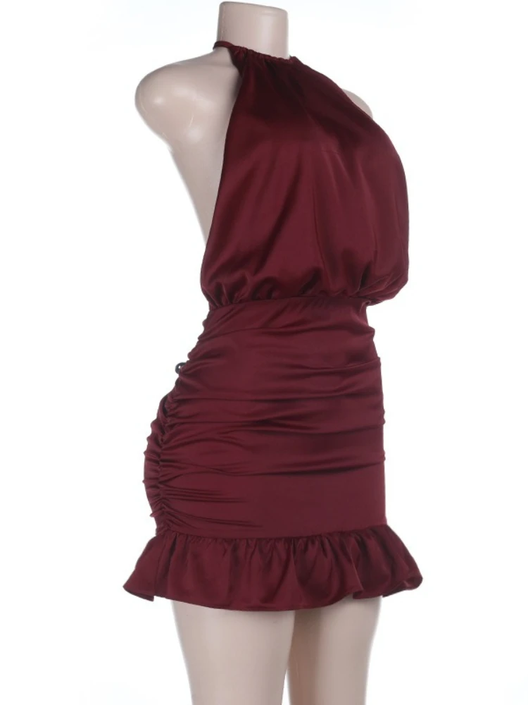 SsTss 新作サマーサテンワンピース 無地 タイアップ ホルターネック オフショルダー バックレス ラッフルヘム ミニスリップドレス Y2K ホットガール ナイトアウトドレス