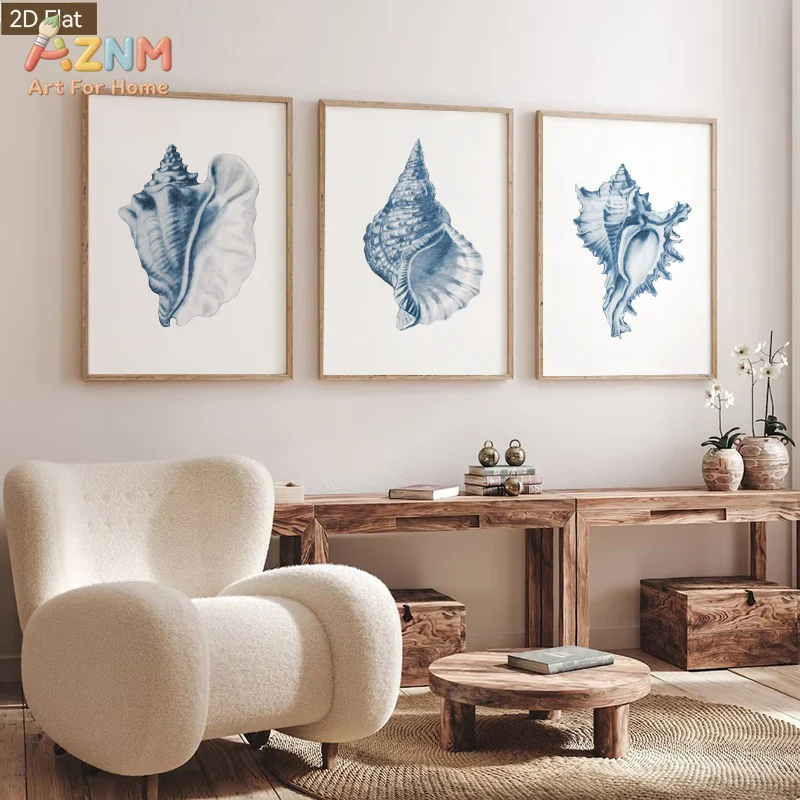 1pc/3pcs Blue Spiral Conch Wall Art Minimalist Ocean-Themed Canvas Paintings Suitable for Room Decor - view 4