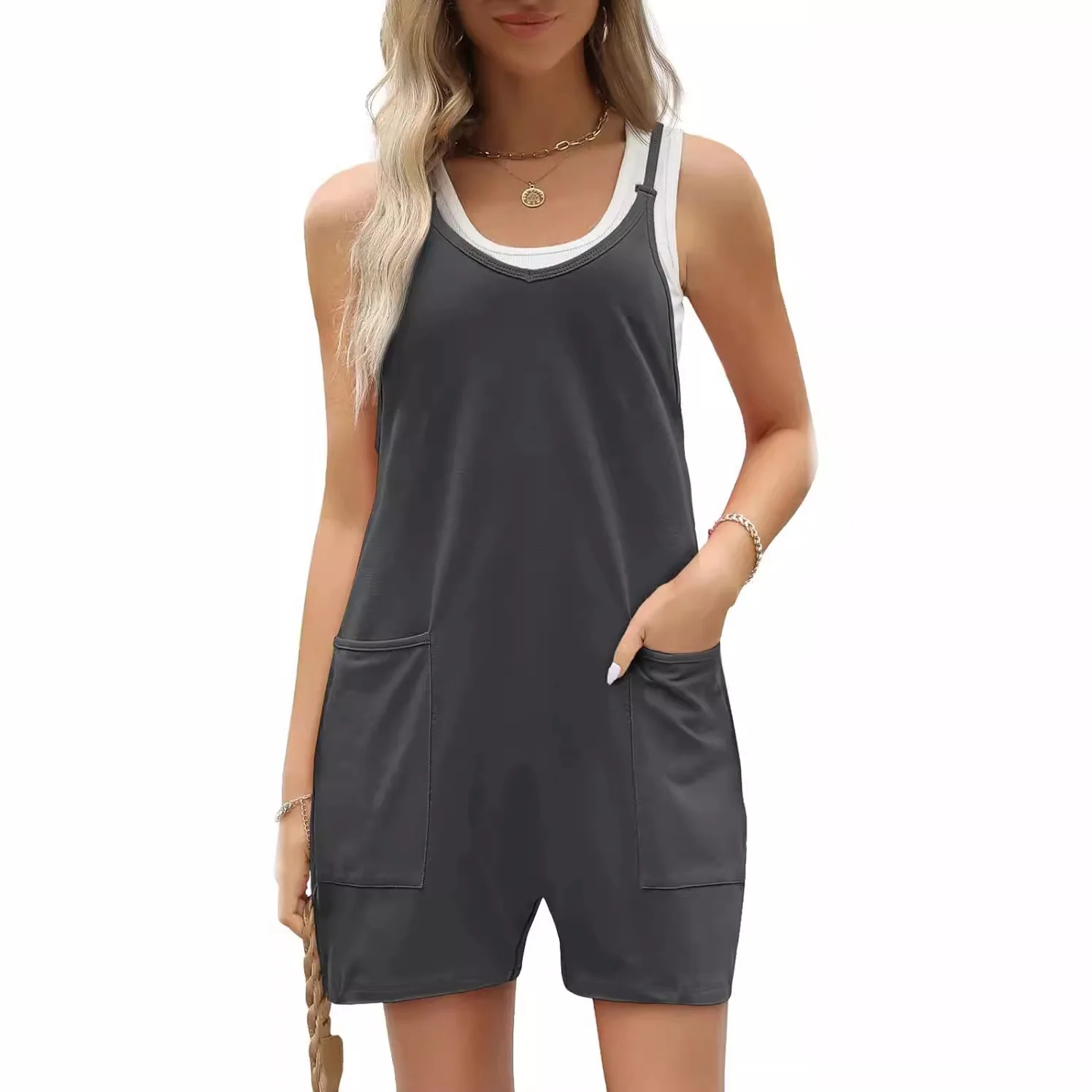 One Pieces Woman Clothes Summer Casual Sleeveless Romper Loose Spaghetti Strap Shorts Overalls Jumpsuit with Pockets Bodysuits