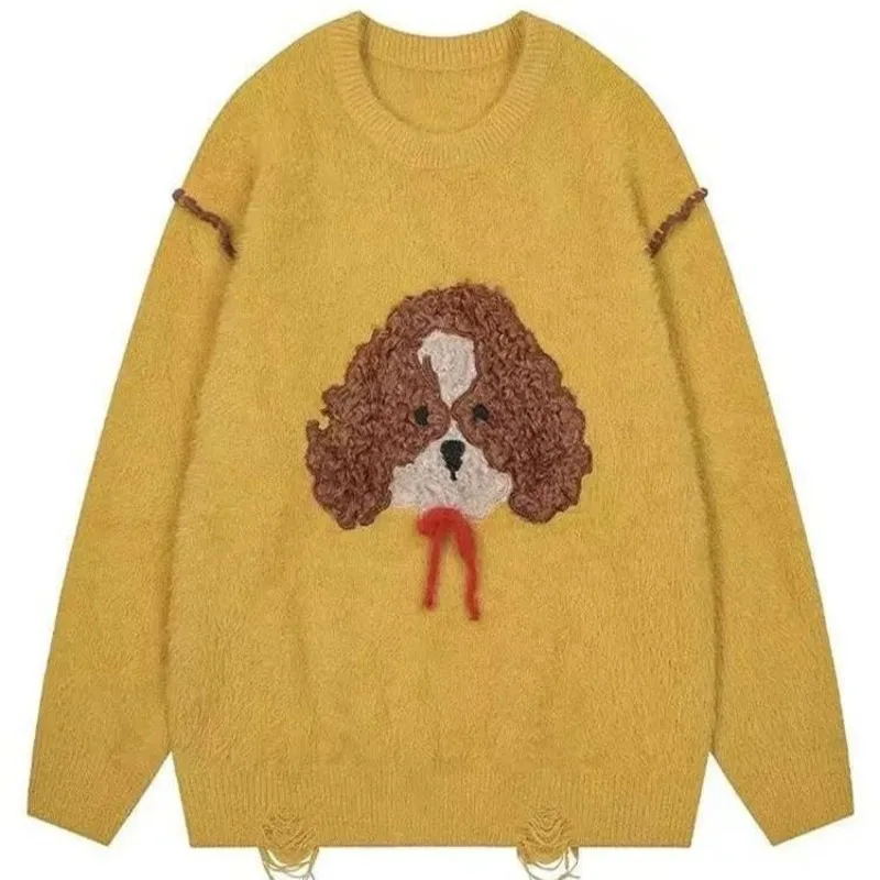 Soft Lazy Style Thickened with Fleece Paired with A Knitted Top Inside Yellow Jacquard Puppy Sweater for Women in Autumn Winter