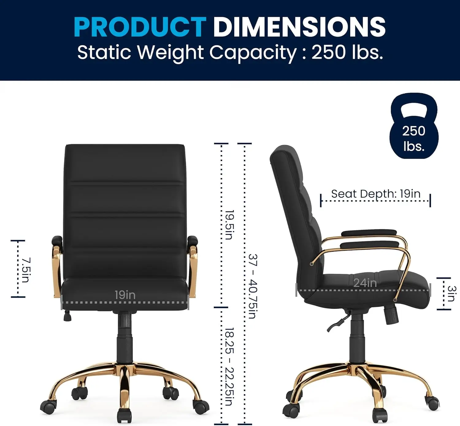 Furniture Whitney Mid-Back Swivel LeatherSoft Desk Chair with Padded Seat and Armrests, Adjustable Height Padded Office