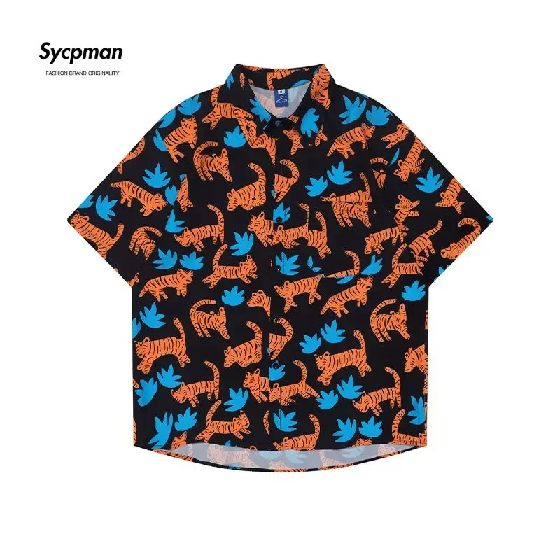 Sycpman Oversized Casual Shirt Mens Summer Tiger Print Male Students Versatile Loose Couple Fashion Clothing Trends Beach Shirts