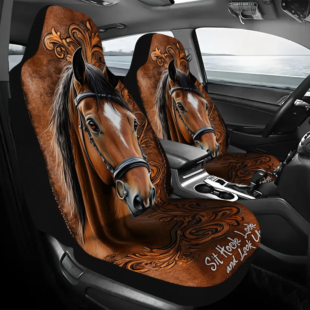 2pcs Elegant Horse Print Car Seat Covers Compatible For Cars, SUVs, Sedans - Front Seat Protectors With Horse Portrait Design, D