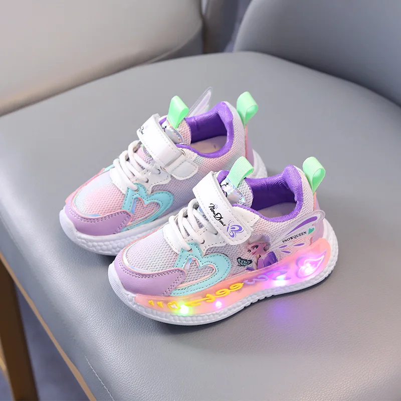 Disney Children Led Shoes Kids Girls Sneakers Frozen Elsa Princess Lighting Shoes Pink Purple Casual Sports Shoes Size 21-31