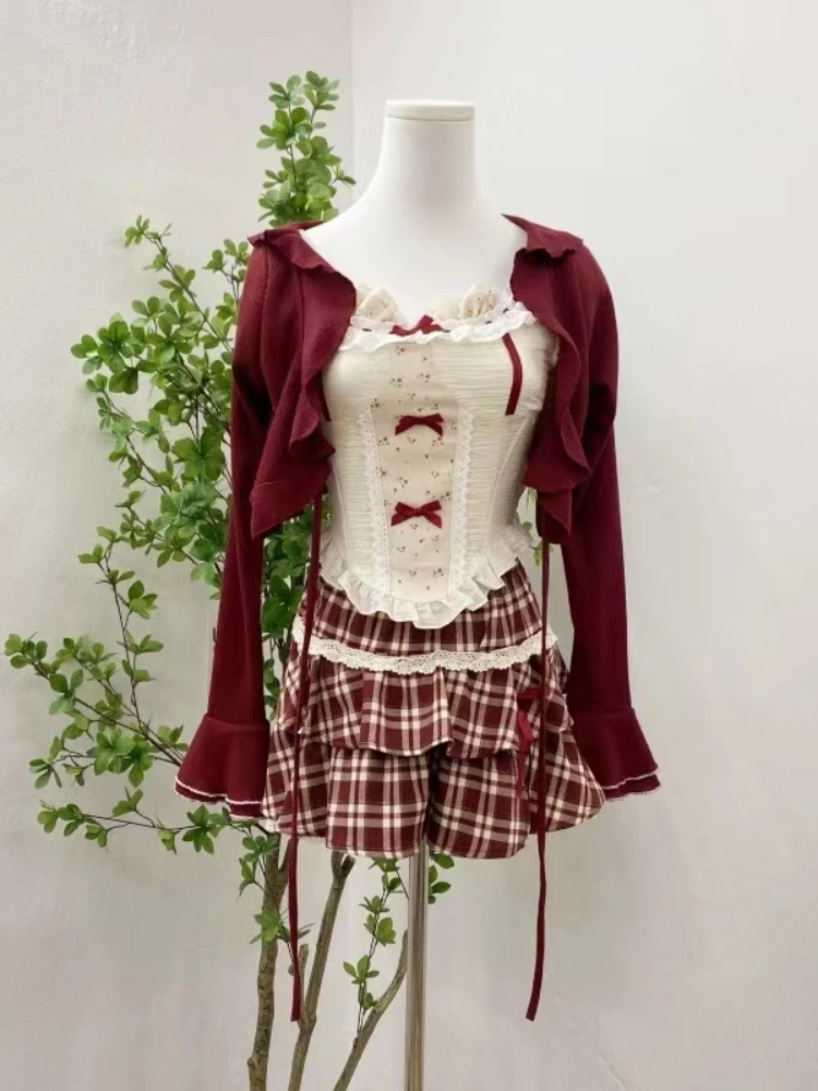 Japanese Sweet 3 Piece Set Outfits Women Causal Short Cardigan + Cute Lace Floral Bow Vest + Kawaii Plaid Mini Skirt 2024 Summer