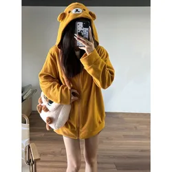 Kawaii ayı Hoodie ceket kadınlar boy karikatür hayvan Zip Up kapşonlu kadın sonbahar kış moda Y2k Harajuku tişörtü Tops