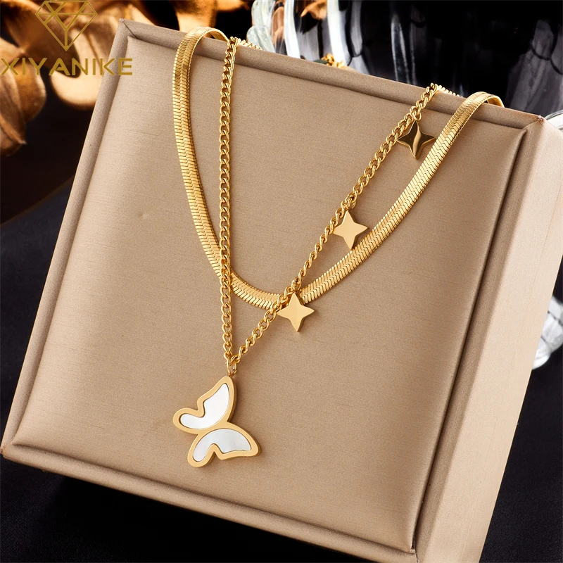 

XIYANIKE 316L Stainless Steel Necklace Butterfly Star Double Chain Accessories for Women Exquisite Simple Party Jewelry Collier