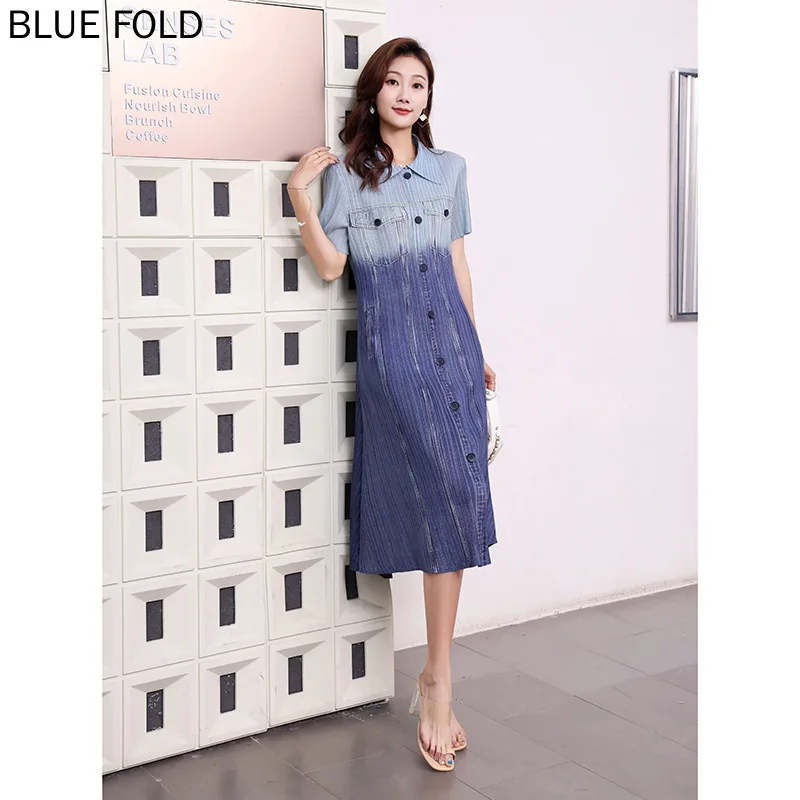 

Miyake Pleated Gradient Denim Color Dress for Women, High-End Slim Design, Mid-length Dress, PLEATS, High Quality