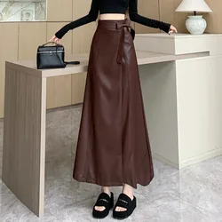 Women Clothing Autumn Winter Vintage Elegant Lace-up PU Leather Long Skirts Female Red High Waist Slim A-line Maxi Skirt Faldas