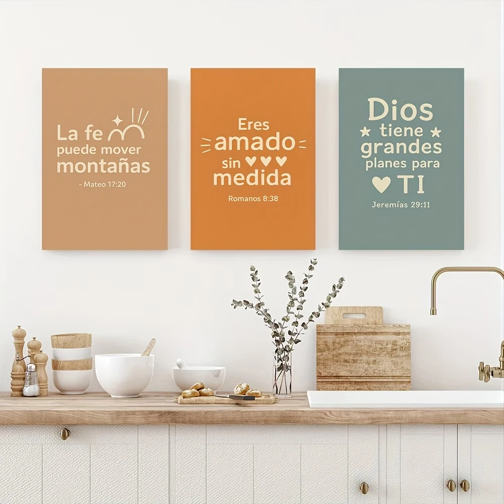 3 piezas de arte religioso moderno con la frase 'La fe puede mover montañas', impresión en lienzo, póster, cuadro para la sala de estar, dormitorio, decoración del hogar