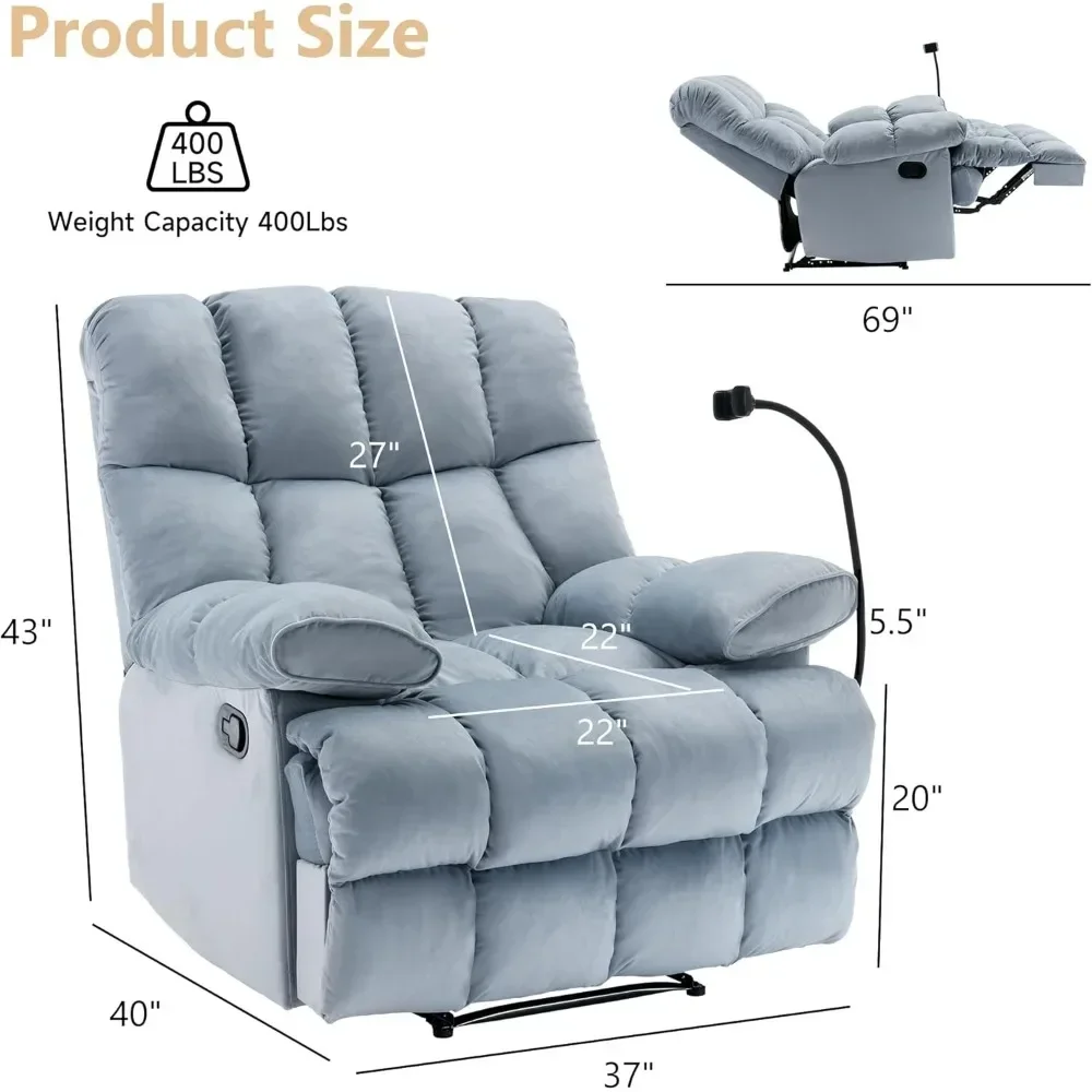 Living Room Chairs for Adults 400LBS, Extra Wide Recliner with Overstuffed Armrest and Backrest, Velvet Big and Tall Recliners