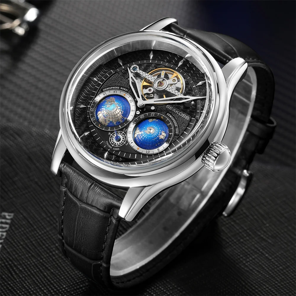 SEAKOSS ผู้ชายนาฬิกาอัตโนมัตินาฬิกาชาย 3D Dual Earth หมุนกันน้ํานักบิน 1963 Flywheel นาฬิกาข้อมือ