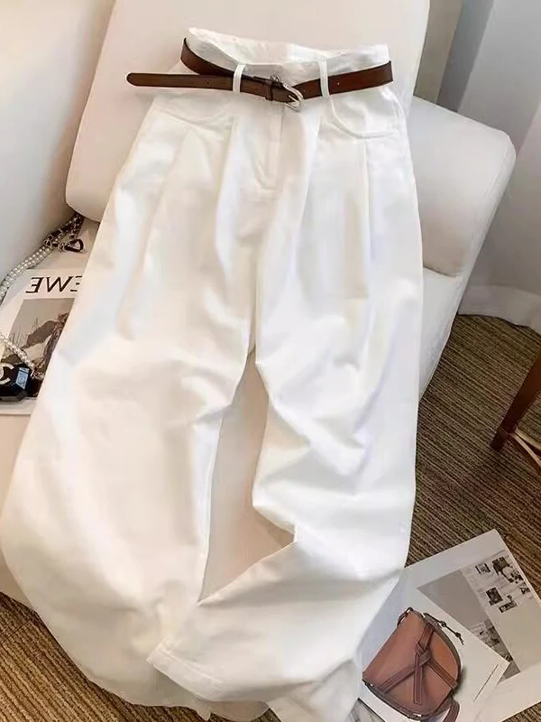 White Wide Leg Jeans High Waist Loose Fitting Slimming Drapey Floor Length Straight Cut Trousers for Women Summer New Arrival