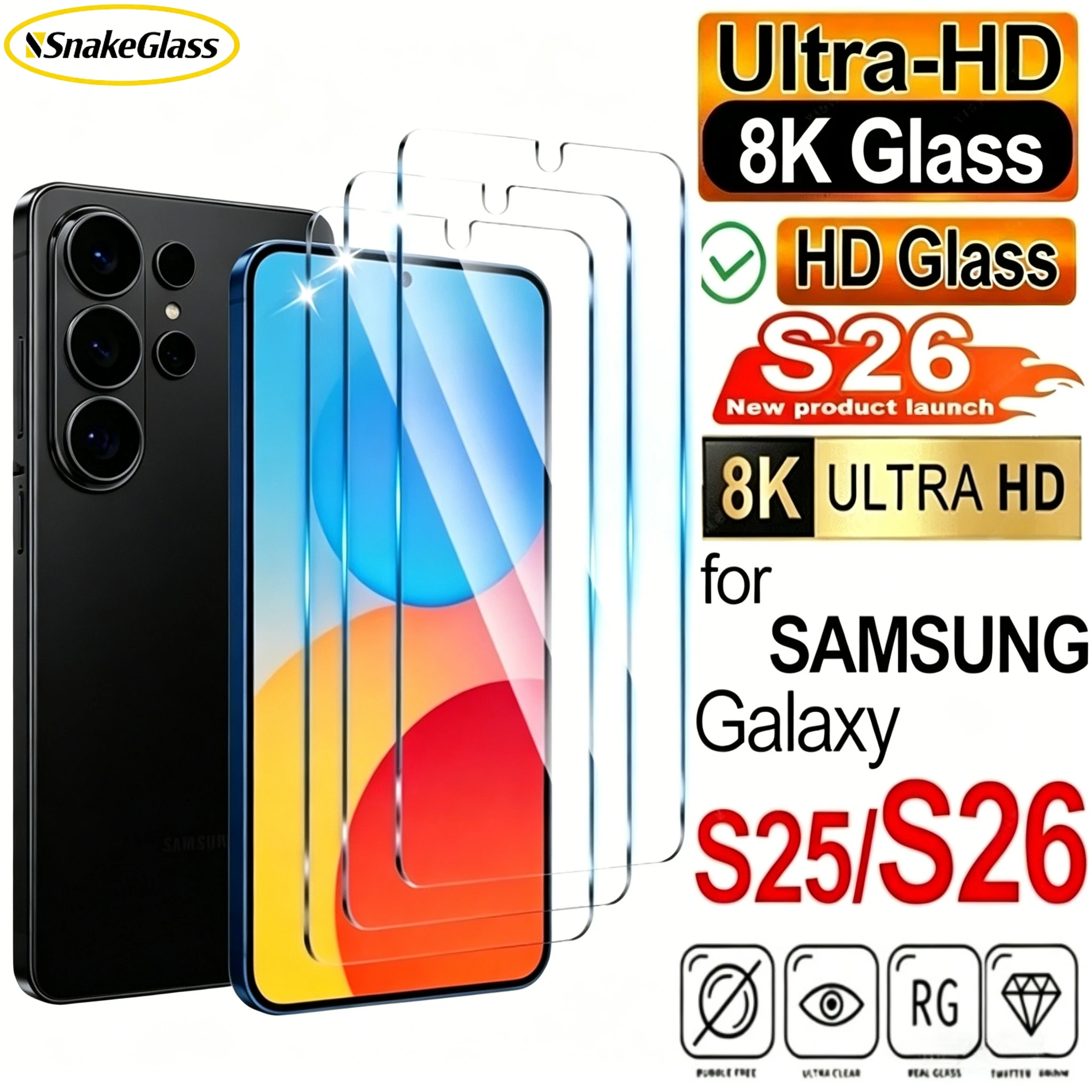 3Pcs Ultra Clear Tempered Glass for Samsung Galaxy S26 S25 S24Ultra S23 S22 S21Plus Smooth Texture Anti-Scratch Screen Protector