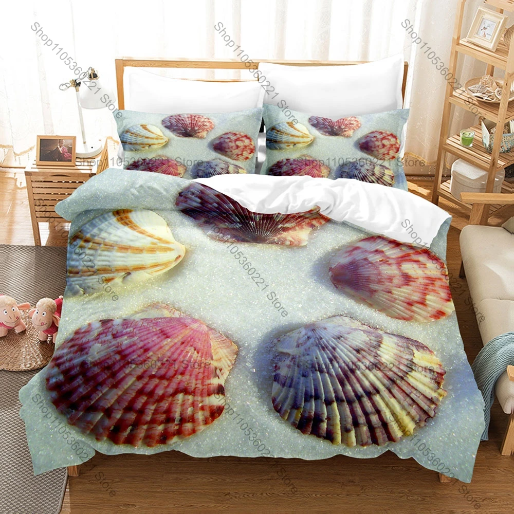 Fashion Sea Shell Printed Bedding Set, Duvet Cover plus 2 Pillowcases, Elegant Marine Design Soft Microfiber Home Bedding