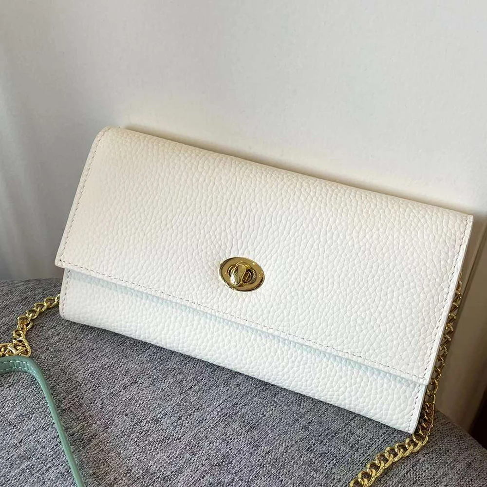 Imagem -03 - Carteira Longa de Couro Genuíno para Mulheres Bolsa de Embreagem Feminina Corrente Nome Personalizado Gravar Letras Marca de Luxo Bolsa de Senhora