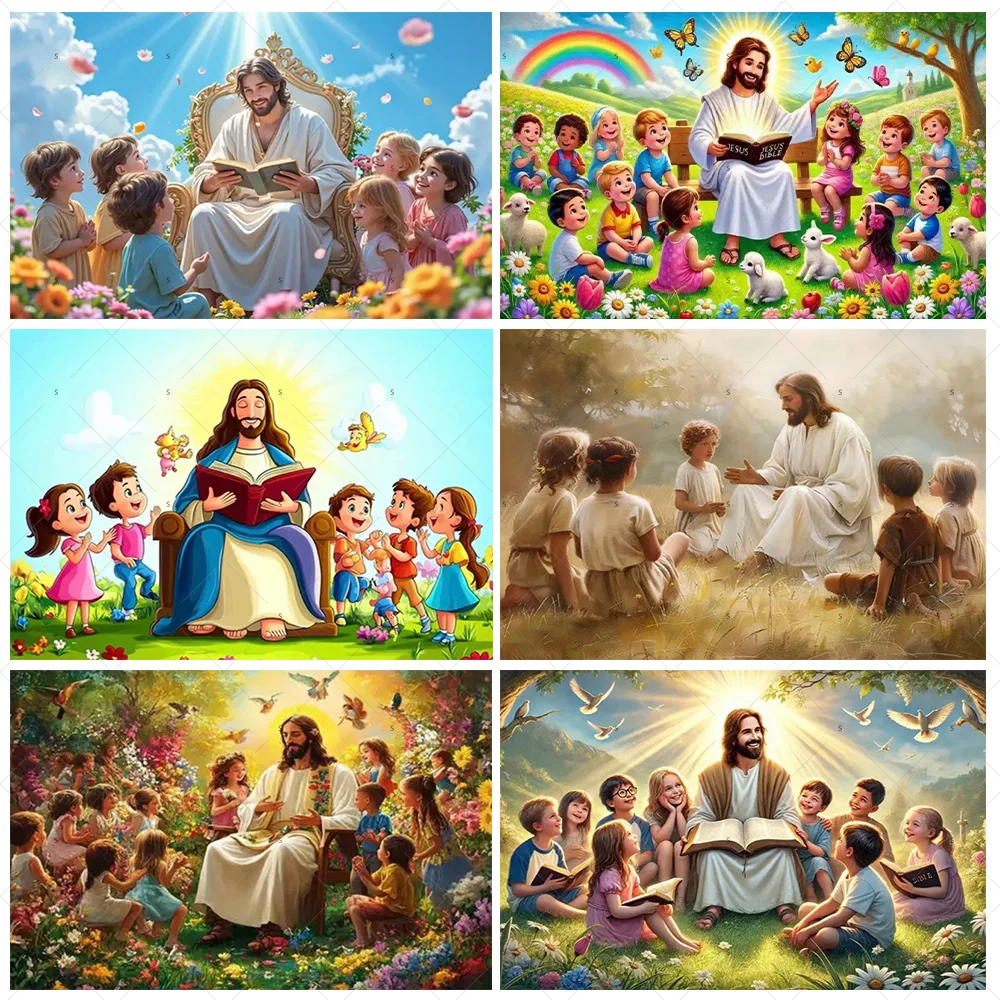 

Jesus Teaching Children Background Banner Christianity Backdrop Supplies Religious Party Church Decoration Photography Props