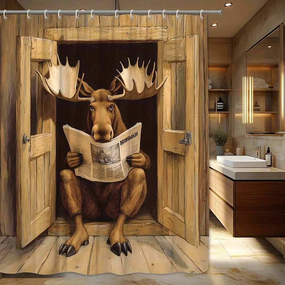 

Rustic Deer Reading Newspaper Shower Curtain Waterproof Forest Wildlife Bathroom Decor Curtain Liner Home Decor Waterproof Anima