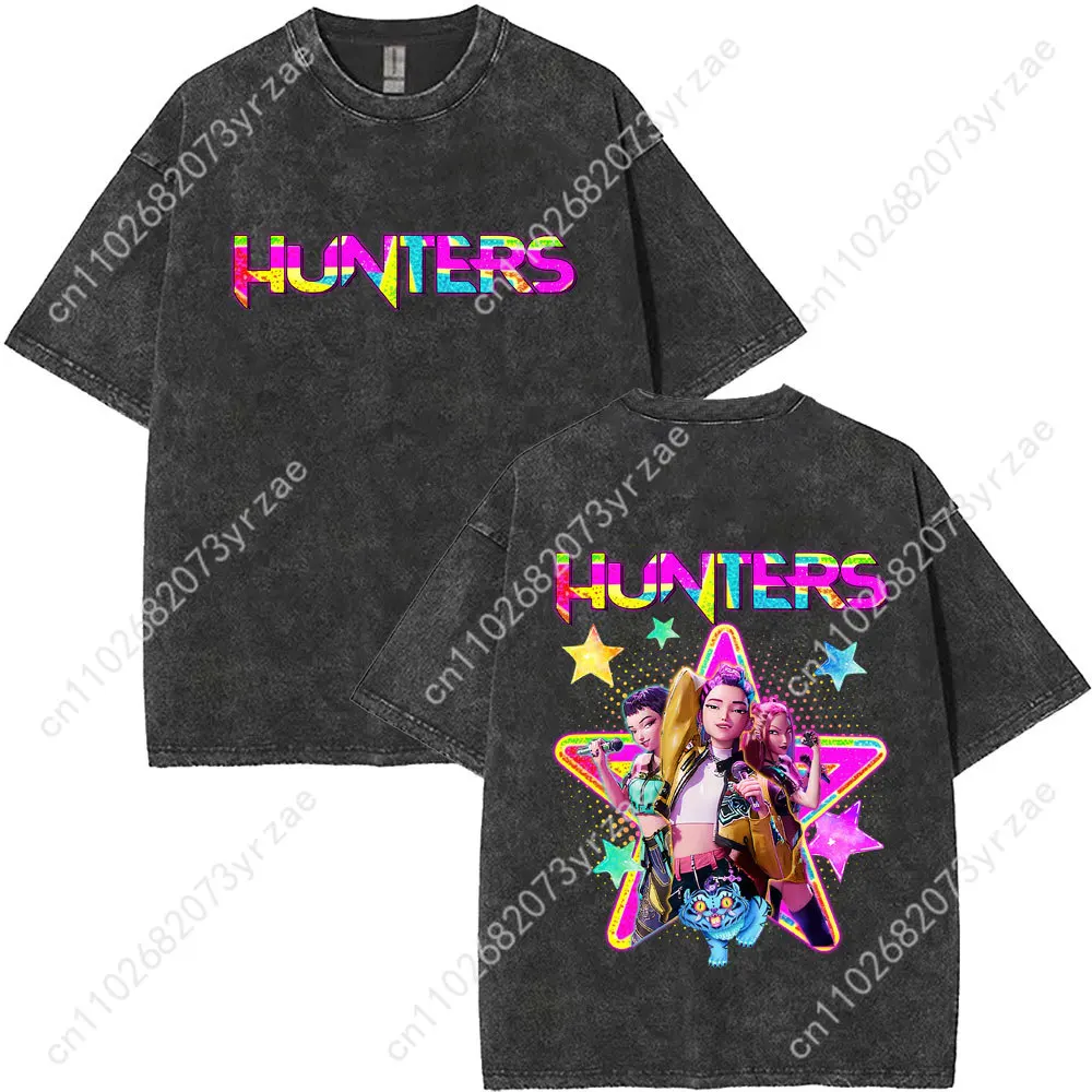 Camiseta KPop Demon Hunters Retro Wash para hombre y mujer, camiseta Vintage de alta calidad, camisetas suaves y transpirables de manga corta de algodón a la moda