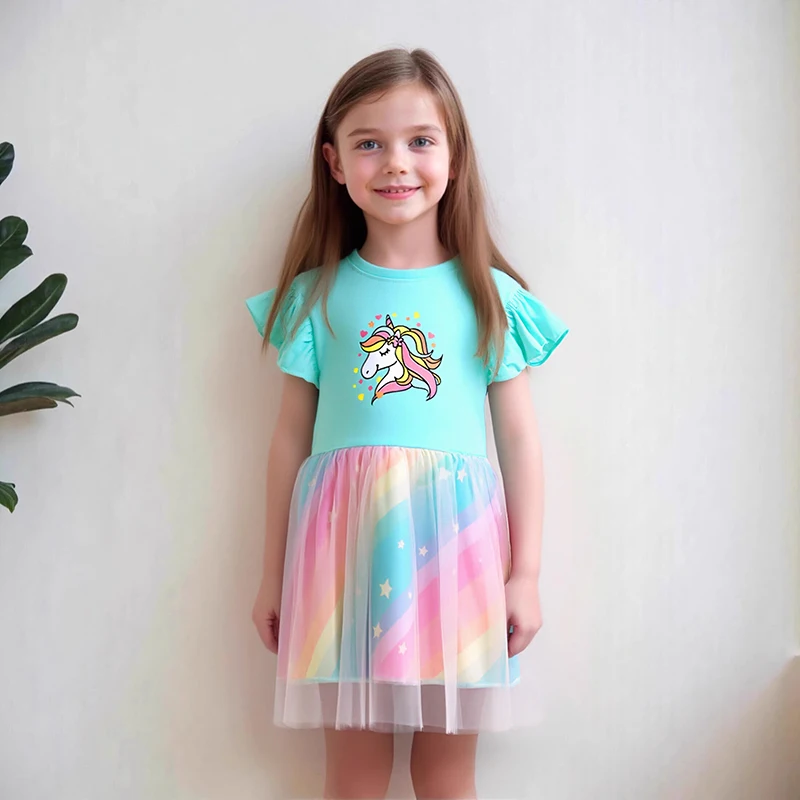 Little Maven Kinder Mesh Kleider Cartoon Einhorn Mädchen Prinzessin Regenbogen Kleider Sommer Baby Kinder Elegantes Kurzarmkleid