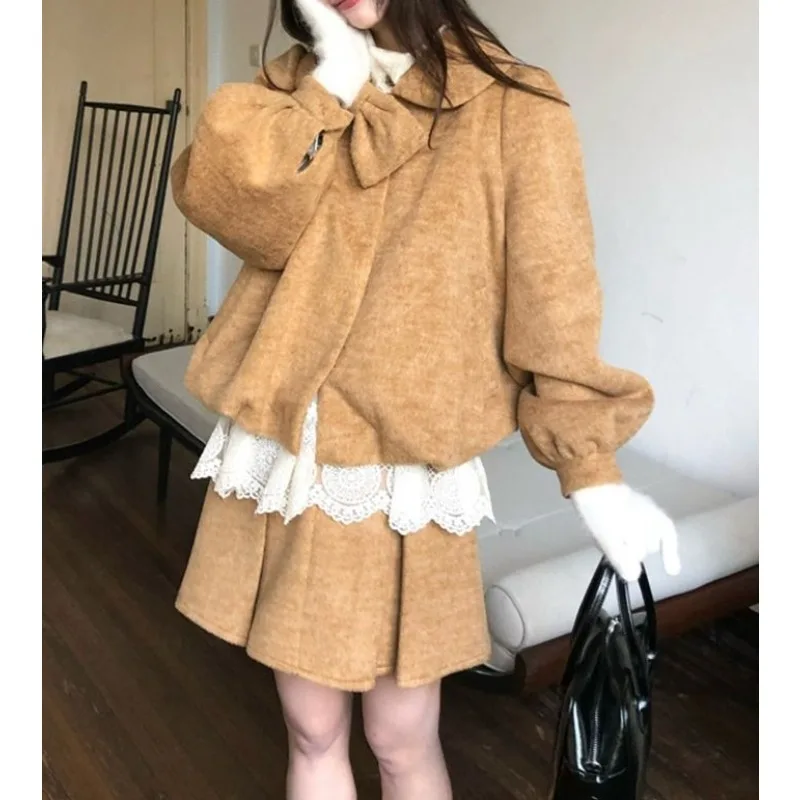 

Korean Retro Daughter Style Bow Doll Collar Loose and Thin Woolen Jacket Slim Skirt Two-piece Set for Women