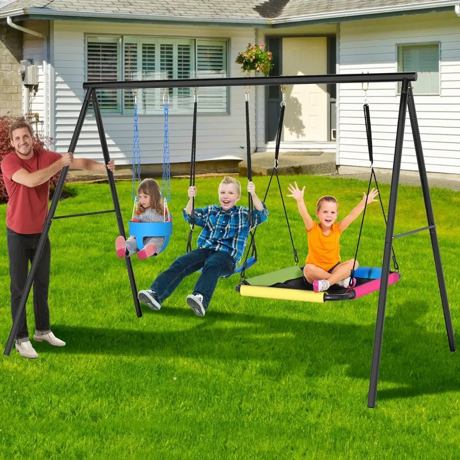 

3 Seats Swing Sets for Backyard 1 Saucer Swing 1 Belt Swing and 1 Baby Swingset Heavy Duty Outdoor Playset with Adjustable Rope