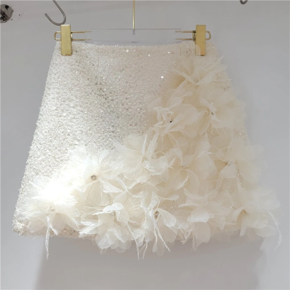 GALCAUR sólido empalmado 3D flores falda básica femenina de cintura alta adelgazante Casual faldas cortas de mujer otoño nuevo estilo de moda