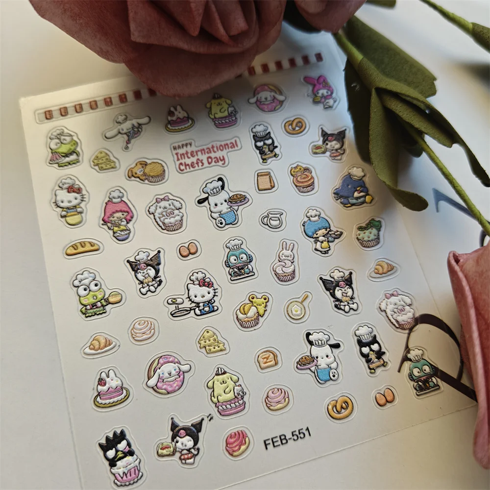 1 sheet HelloKitty Kuromi Sanrio New 5D Relief Nail Art Stickers Nail Decals for Manicure fashion Design DIY Happy Accessories