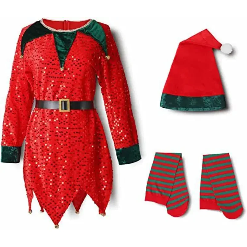 Weihnachten Santa Claus Kleid für Mädchen Jungen Elf Cosplay Neujahr glänzende Pailletten grün rot Kleidung Weihnachten Socken Hut