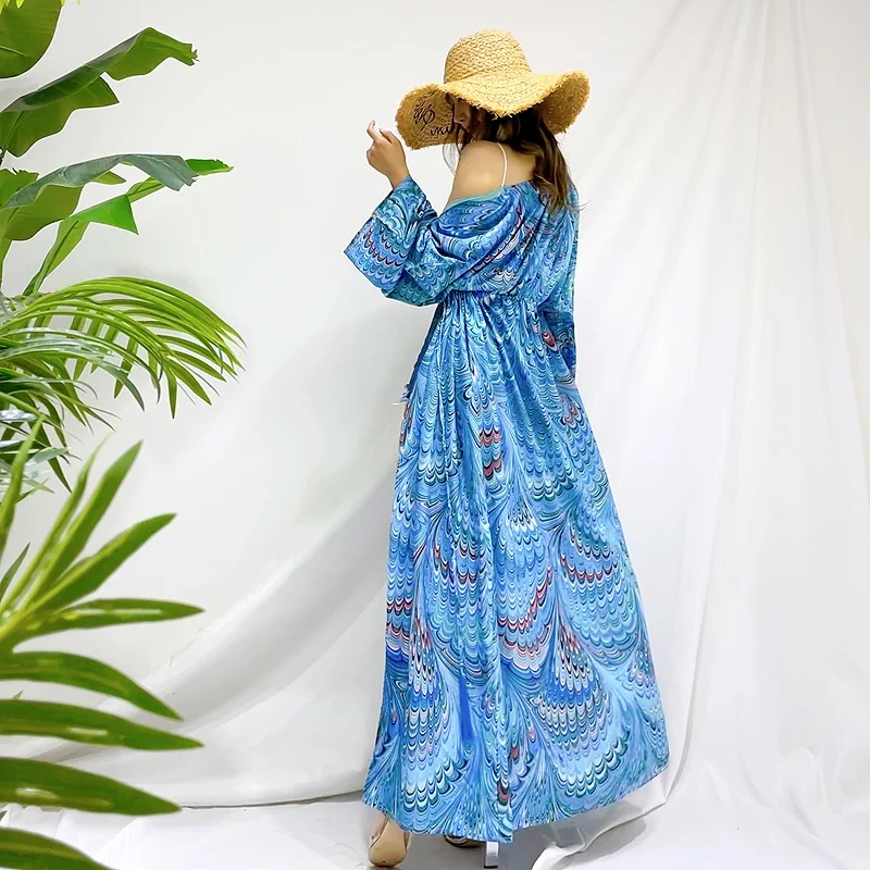 New Elegant Blue Long Sleeve Kimono Cardigan Long Lace-up Sun Protection Quick Dry Printing Kaftan Seaside Swimwear Beach Dress