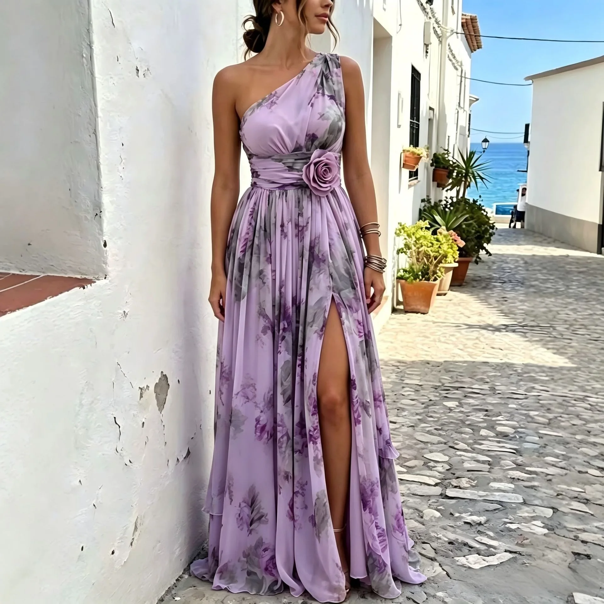Women's Off-shoulder Printed Chiffon. Dress, High-waisted With A Three-dimensional Rose Design, A Fixed Waist, A Flared Skirt