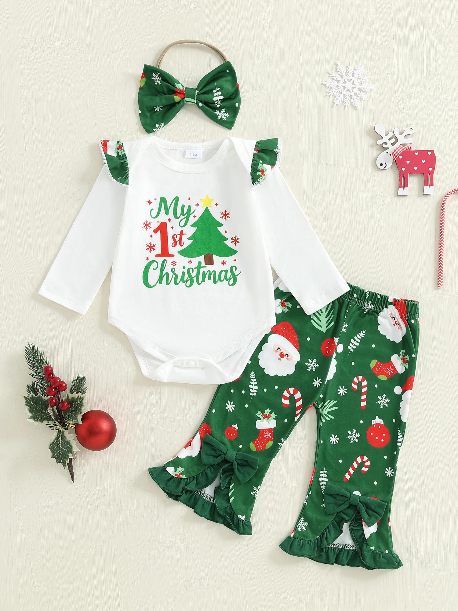 

Toddler Girl Winter Outfit Christmas Tree Print Long Sleeve Romper Elastic Waist Ruffle Pants Bow Headband 3 Piece Set for