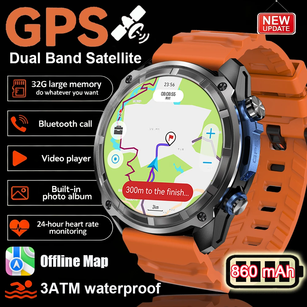 

New 4GB Memory Offline Maps Smartwatch GPS Video Player Military Sports Smart bracelet Men 5ATM Waterproof Sapphire Smart Watch