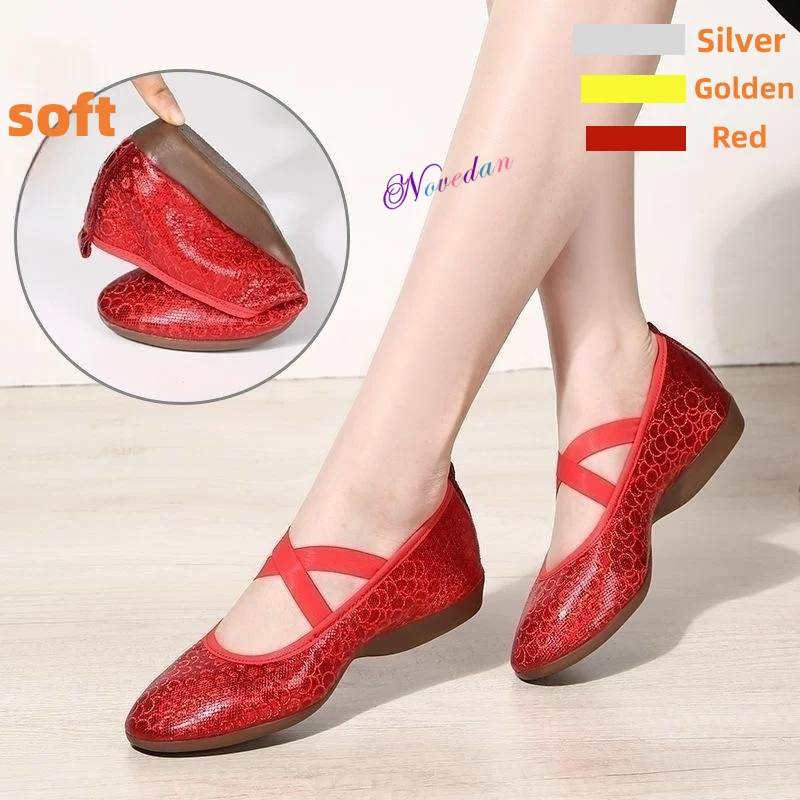 New Red/Golden/Silver Square Ballroom /Outdoor Women\'s DanceTraining Professional Teacher Latin Jazz 2cm Low Heel Dance Shoes