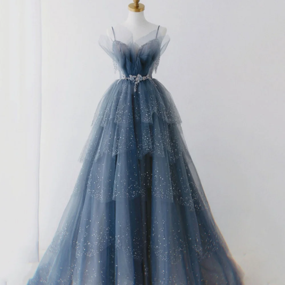 Customized Elegant Spaghetti Straps Prom Dresses Sweetheart Tulle A Line Party Gown Applique Shiny Lace Up Evening Dress Vestido