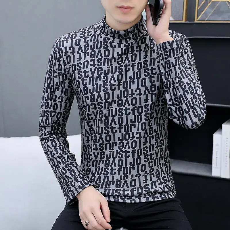 2023Autumn and Winter Men\'s Pullover Half High Neck Printed Slim Fit German Velvet Bottom Shirt Fashion Casual Long Sleeve Tops