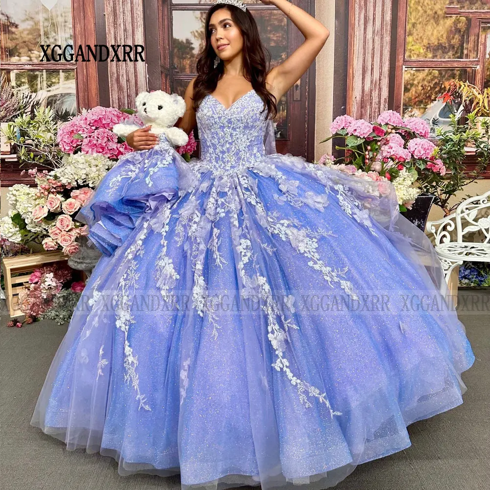 Vestido De quinceañera azul con estampado Floral 3D, traje De Baile De Princesa con lentejuelas, mariposa, 15 Años, con capa, 2024