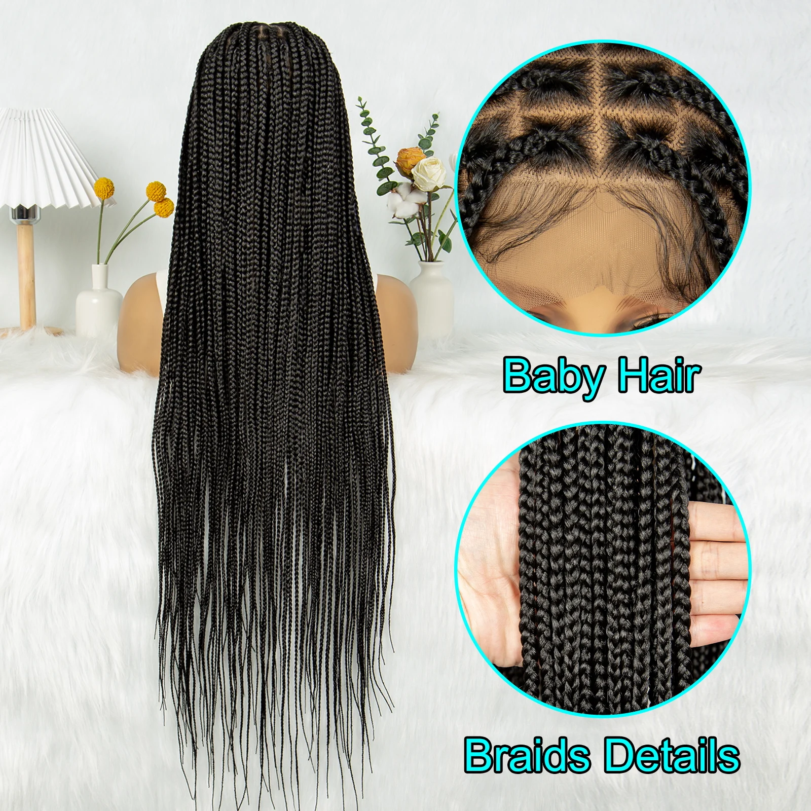 KIMA 34 inch Straight Box Braided Wigs Transparent Full Lace Wigs Synthetic Cornrow Braids Wigs With Baby Hair for Black Women