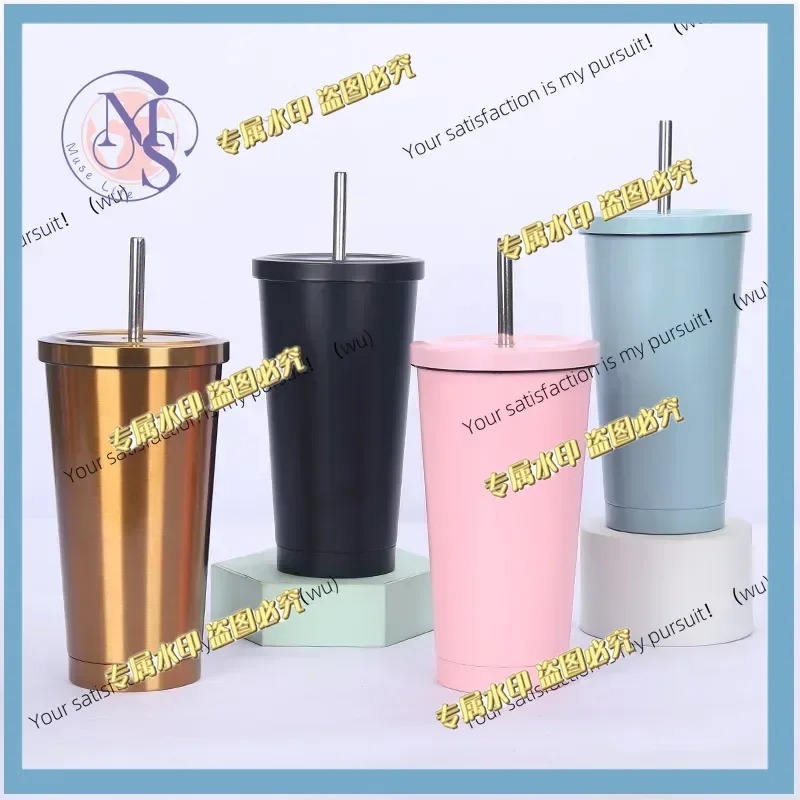 New 750/500ml 304 large-capacity stainless steel straw cup, solid color vacuum thermos cup