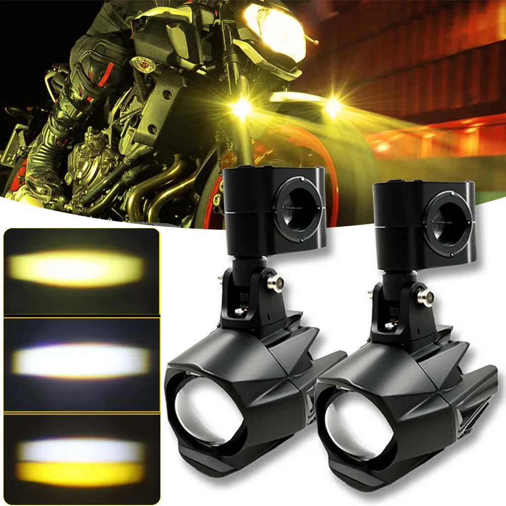 

Дополнительные фары для мотоциклов, светодиодные противотуманные фары, двухцветные янтарные/белые вспомогательные прожекторы дальнего действия для квадроциклов, автомобилей и мотоциклов