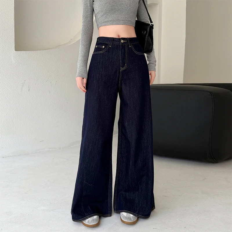 

American 2025 spring and summer new loose slimming dark blue elegant draped straight trousers high-waisted wide-leg jeans women