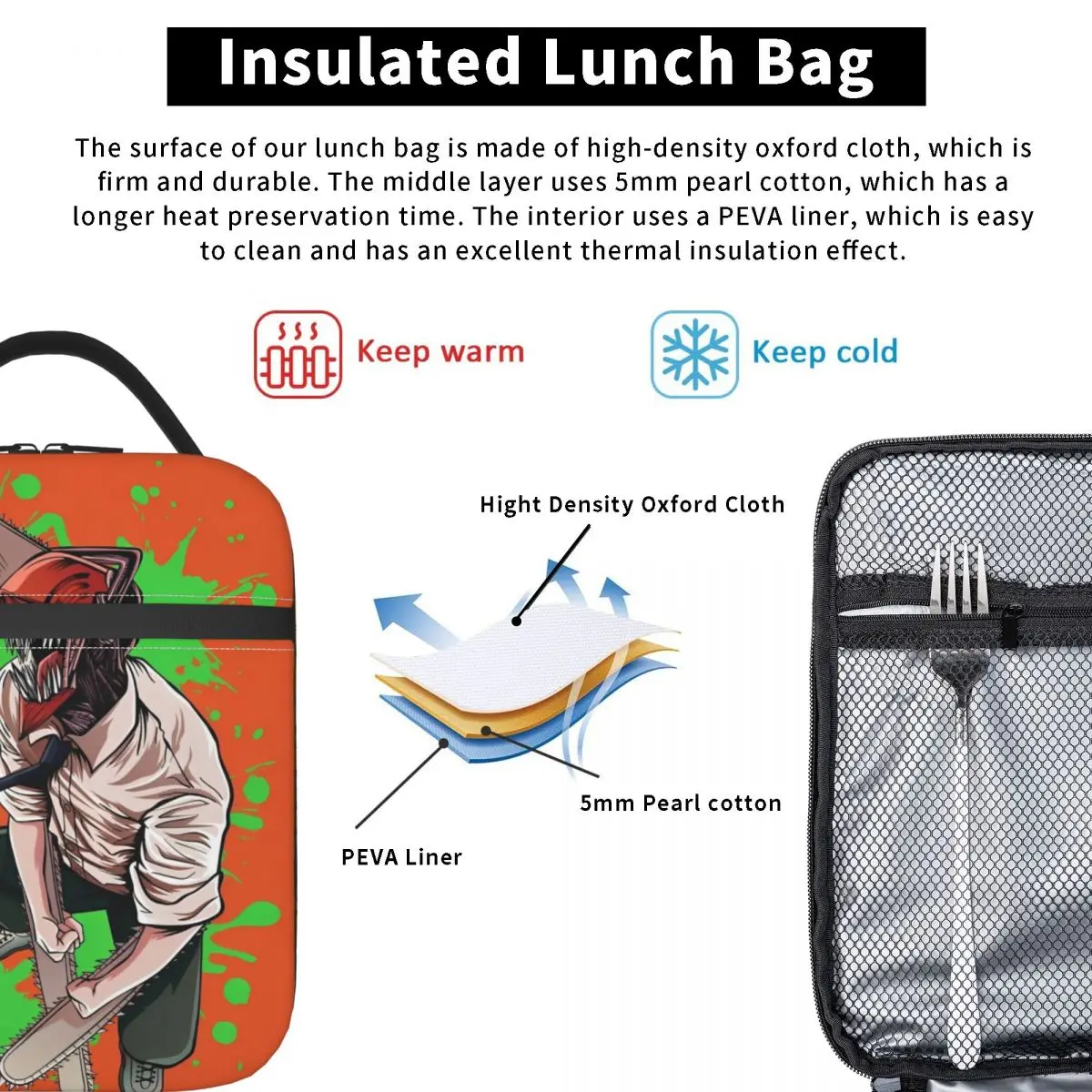 Bolsa térmica reutilizable portátil para hombre y mujer, bolsa de almuerzo con aislamiento de motosierra de Anime, Picnic de trabajo