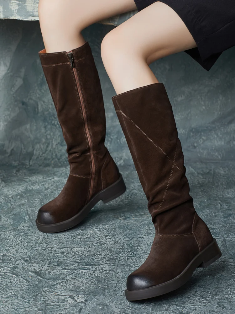 Knee High Boots Leather Shoes Women Coffee Soft Low Heels Ladies Handmade Genuine Leather Women Knight Boots Sale For Brand