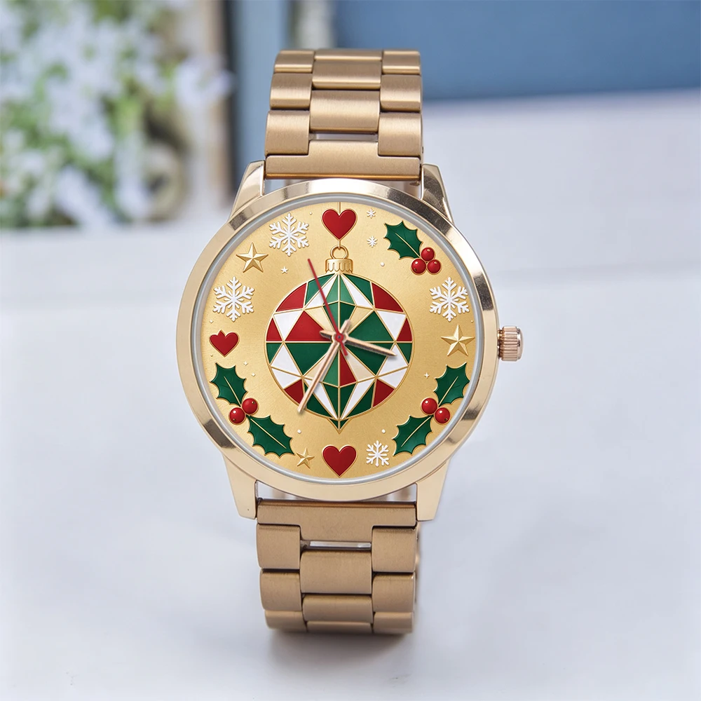 Rosegold Alloy Case 3ATM Waterproof Christmas Culture Dial Customizable Gift Men Women Watch Leather Stainless Steel Strap