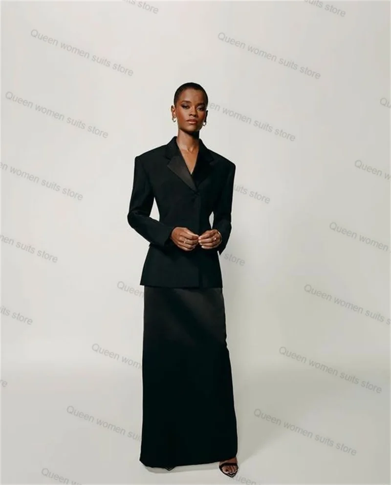 Black Office Women Suits Skirts Set 2 Pieces Blazer+Midi Prom Dress Wedding Tuxedo Formal Office Lady Tailored Size Jacket Coat