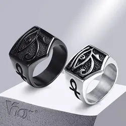 Vnox Rock Punk The Eye of Horus Rings for Men, Egyptian Ankh Cross Stainless Steel Finger Gift Jewelry