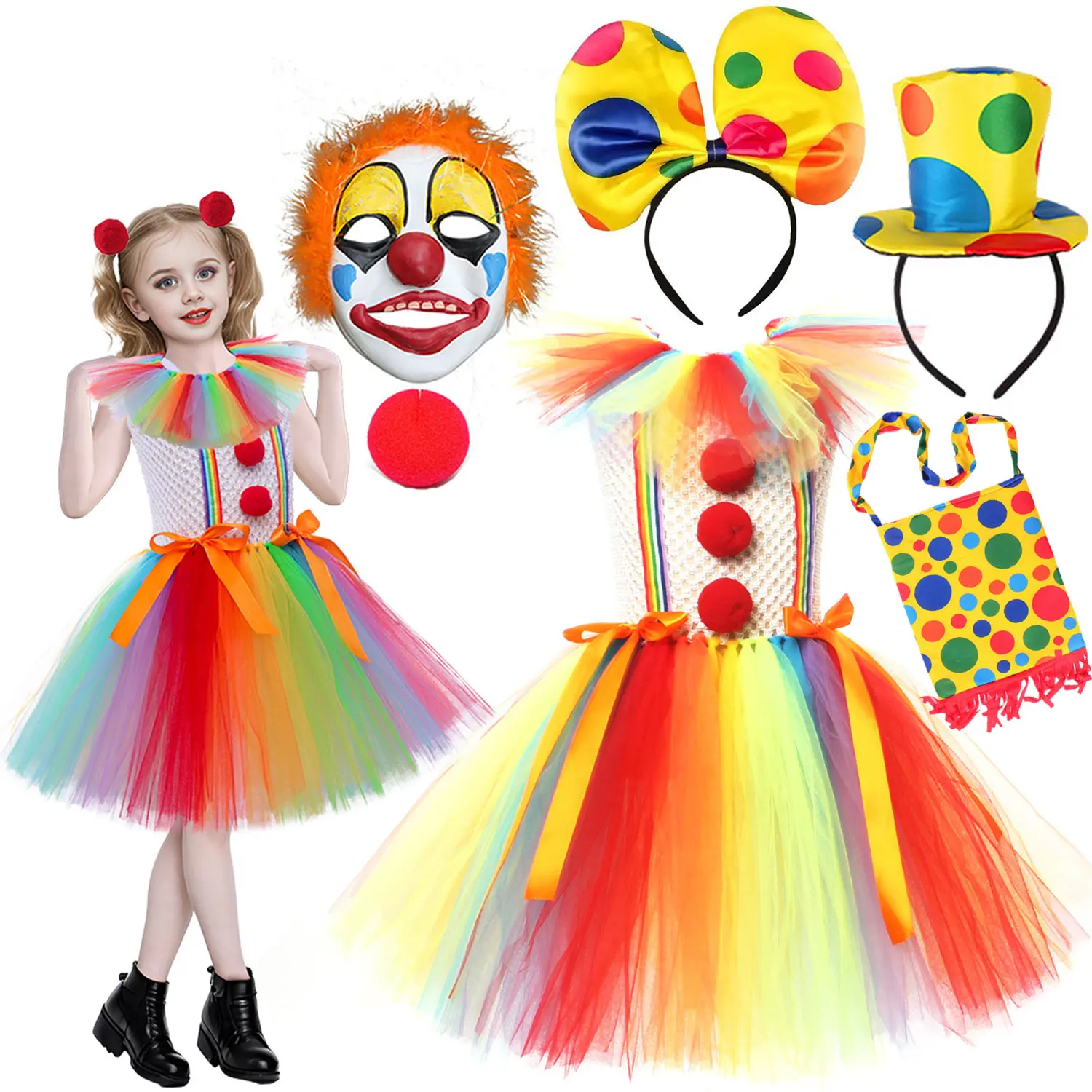 

2025 Girl Halloween Carnival Festive Party Cosplay Circus Clown Rainbow Color Cute Dress Clothing Set Girls Birthday Party Gift