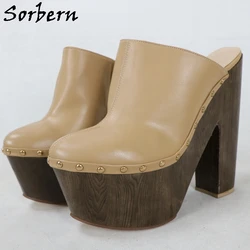 Sorbern Plus Size Women Pumps Unisex Style Mules Rivets Block High Heel Shoes Closed Toe Slip On Cork Platform Heeled Custom