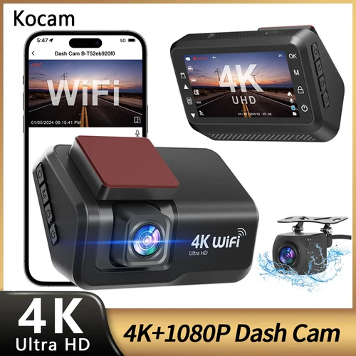 Kocam 4K UHD Dash Cam WiFi Car DVR Cámara de coche de doble lente delantera y trasera con visión nocturna Monitor de estacionamiento 24H Caja negra