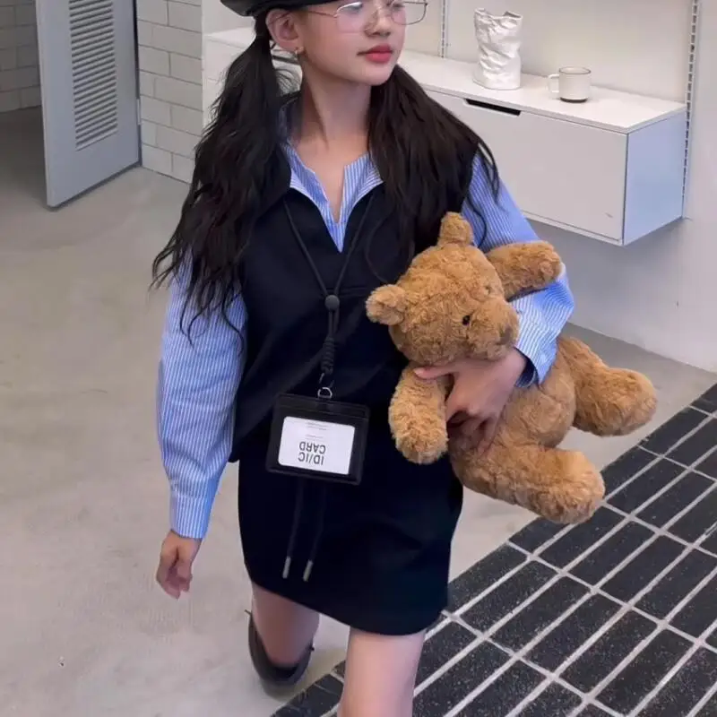 

Kawaii Girl Fashion False Two-Piece Sports Shirt Skirt Set Student Autumn Casual Tops Short Skirt 2-Piece Set Children Clothing